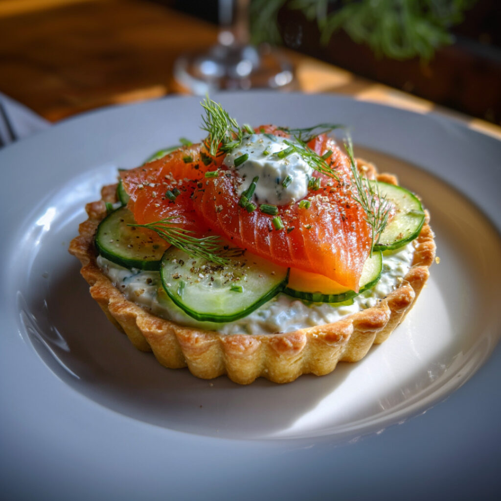 Smoked Sockeye Salmon Tart with Creme Fraiche and Cucumber on a plate