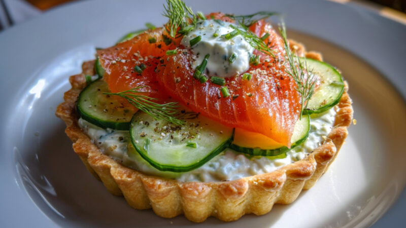 Smoked Sockeye Salmon Tart with Creme Fraiche and Cucumber on a plate