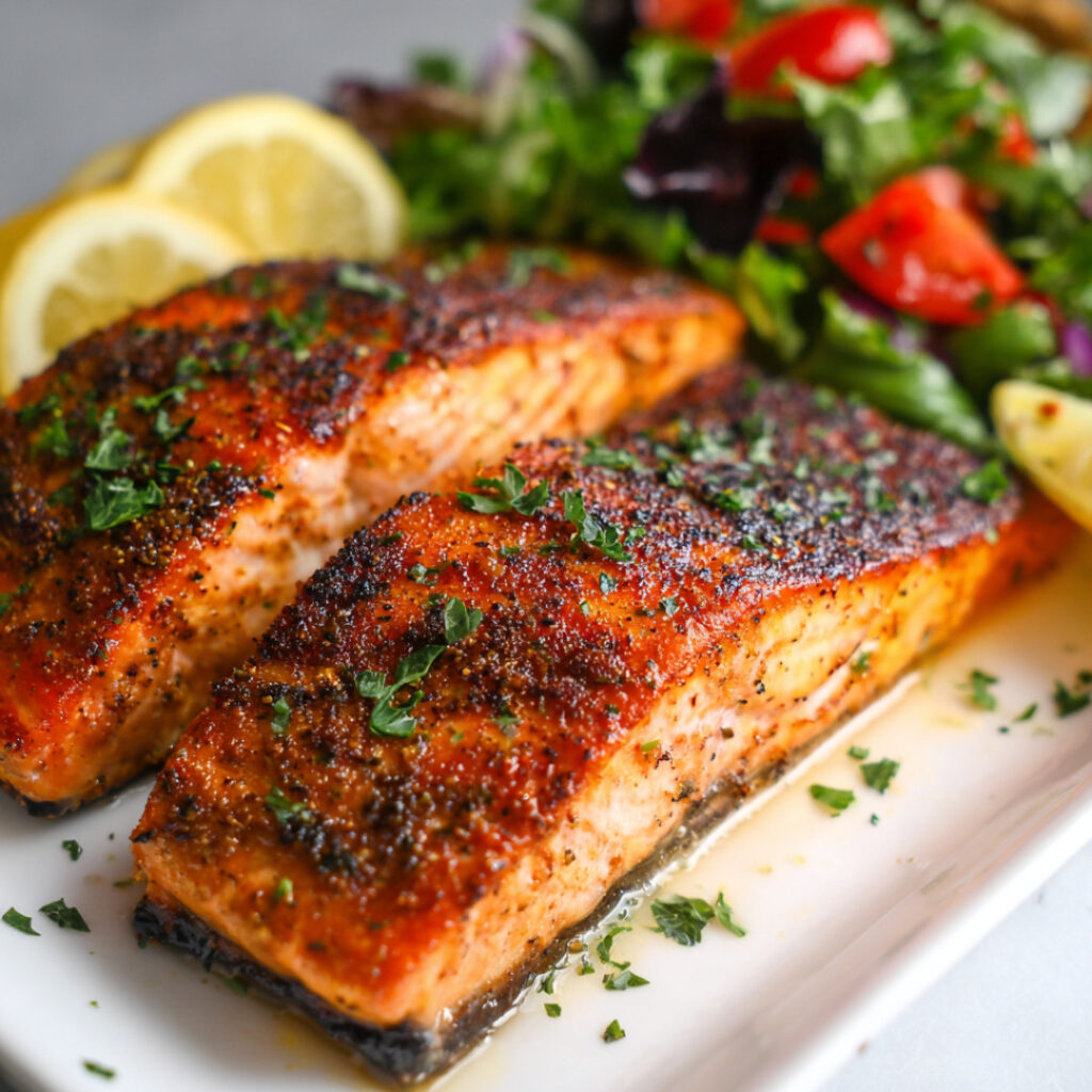 Easy Air Fryer Frozen Sockeye Salmon on a plate