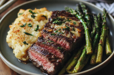 Seared Flat Iron Steak with Asparagus Gratin on a plate