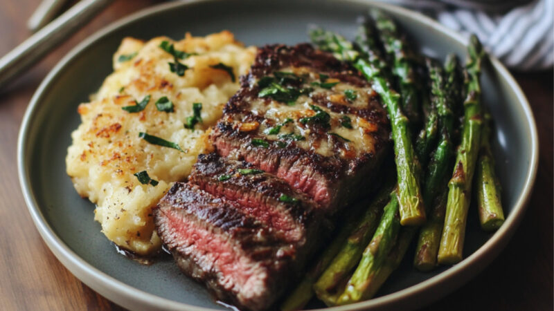 Seared Flat Iron Steak with Asparagus Gratin on a plate