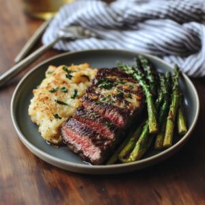 Seared Flat Iron Steak with Asparagus Gratin on a plate