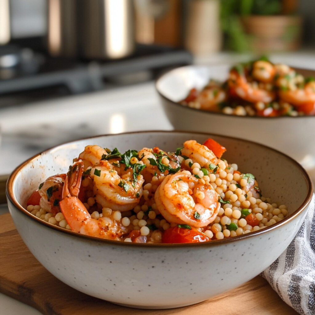 Spicy Shrimp with Tomato and Pearl Couscous in a bowl