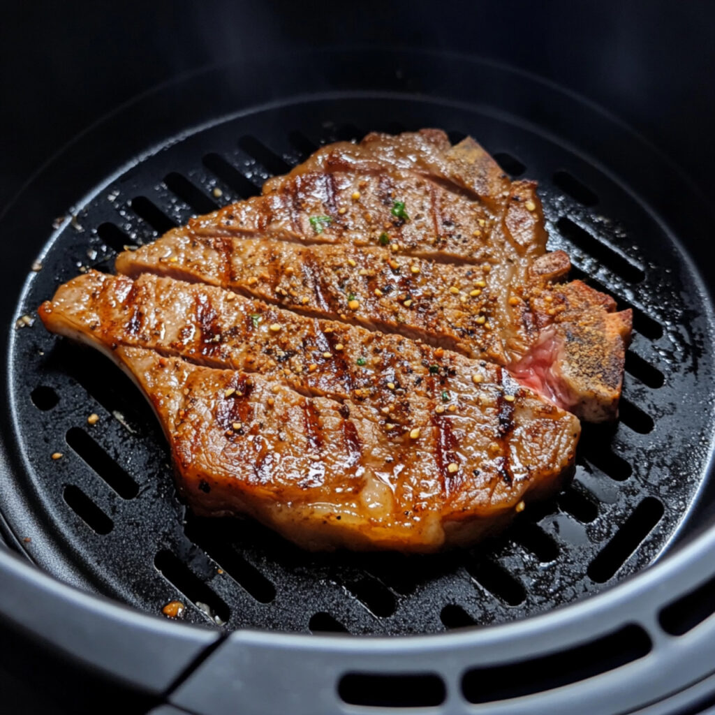 Steak inside an air fryer