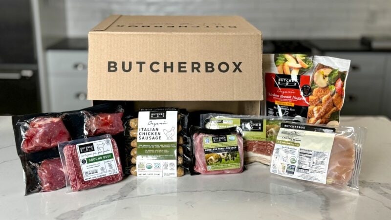 ButcherBox product sprawled on a kitchen counter.