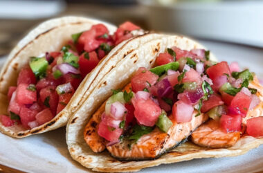 Chamoy Style Salmon Tacos on a plate