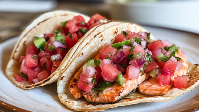 Chamoy Style Salmon Tacos on a plate