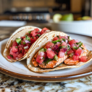 Chamoy Style Salmon Tacos on a plate