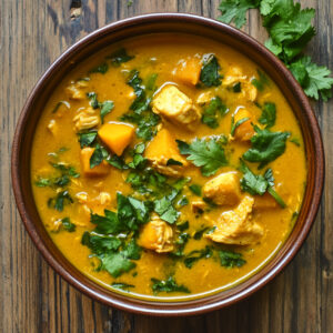 Curried Butternut Squash and Chicken Soup in a bowl