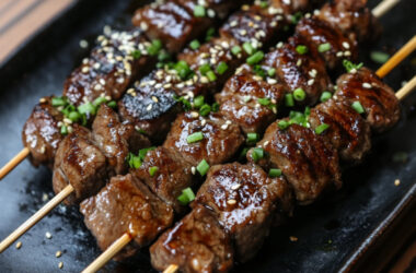 Kushiyaki-Style Steak Skewers on a serving plate