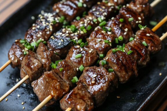 Kushiyaki-Style Steak Skewers on a serving plate
