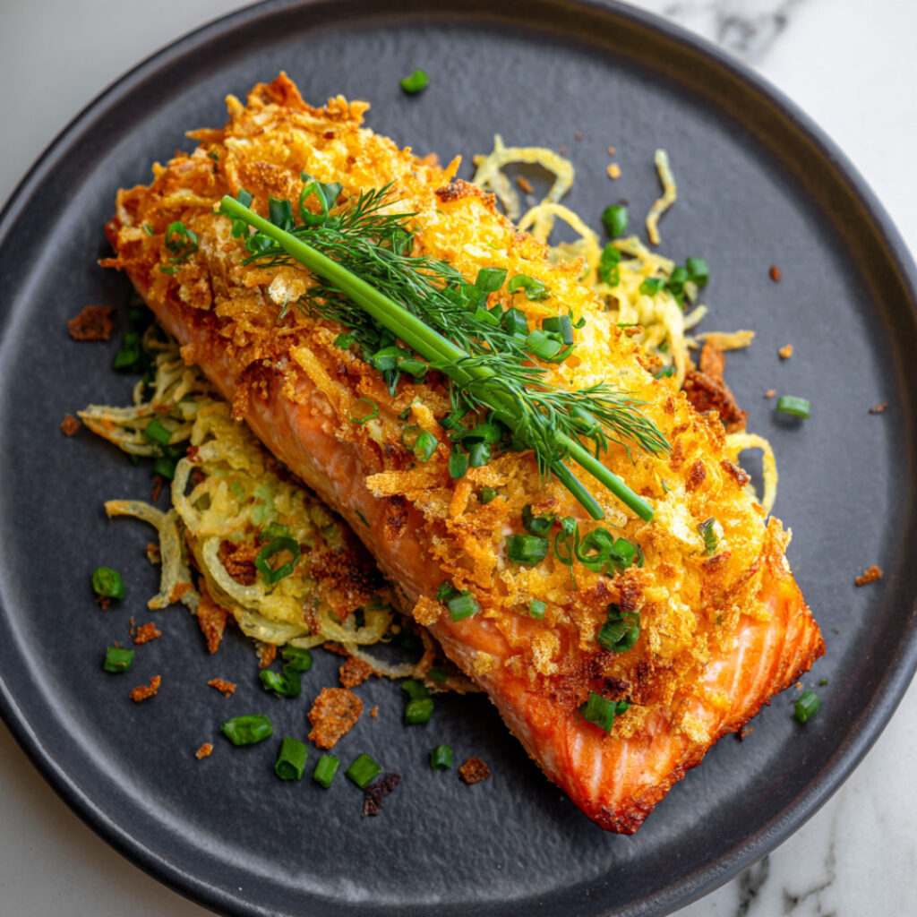 Potato Chip-Crusted Sockeye Salmon on a plate