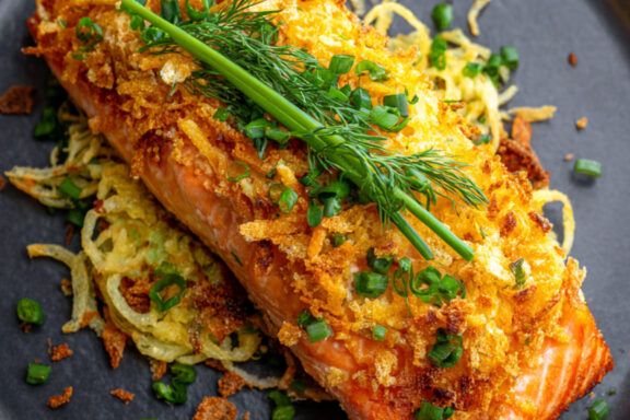 Potato Chip-Crusted Sockeye Salmon on a plate