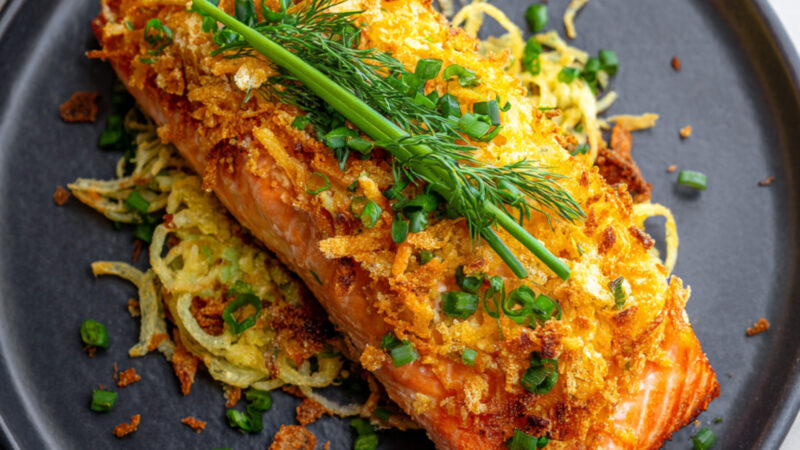 Potato Chip-Crusted Sockeye Salmon on a plate