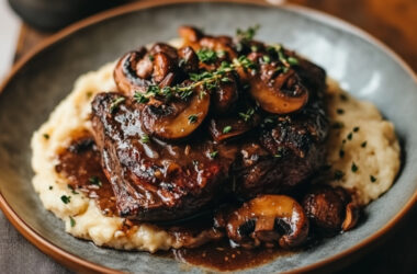 Red Wine-Braised Short Ribs with Wild Mushrooms on a plate