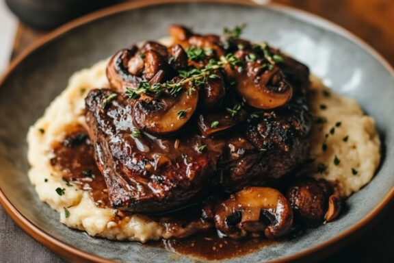 Red Wine-Braised Short Ribs with Wild Mushrooms on a plate