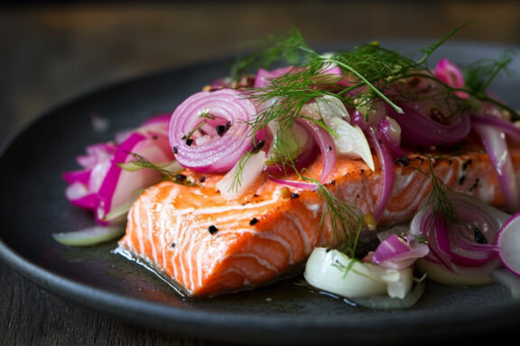 Slow-Roasted Salmon with Pickled Onions and Fennel on a plate