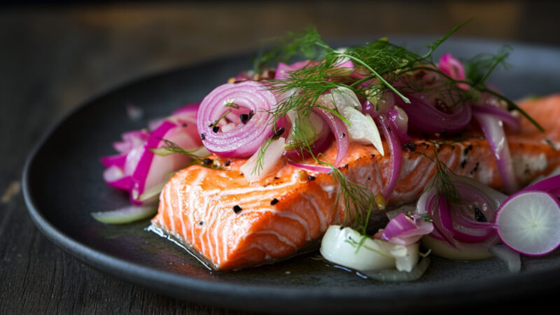 Slow-Roasted Salmon with Pickled Onions and Fennel on a plate