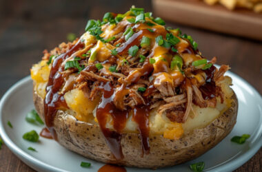 BBQ Pulled Pork Loaded Baked Potato on a plate