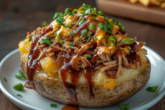 BBQ Pulled Pork Loaded Baked Potato on a plate