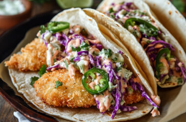 Panko Breaded Fish Tacos with Jalapeno Slaw on a plate