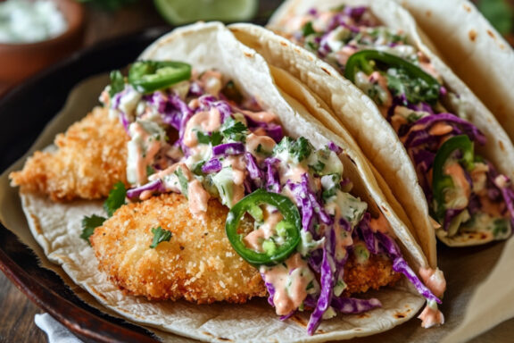 Panko Breaded Fish Tacos with Jalapeno Slaw on a plate