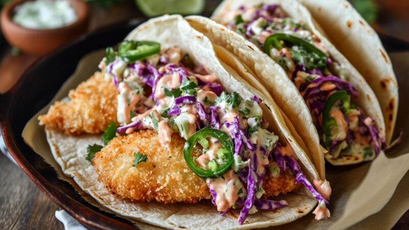 Panko Breaded Fish Tacos with Jalapeno Slaw on a plate