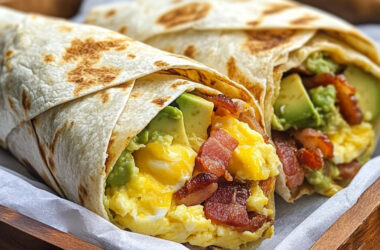 Burrito stuffed with bacon and egg on a basket