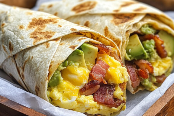 Burrito stuffed with bacon and egg on a basket