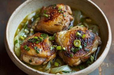 Braised Chicken Thighs and Cabbage with Scallion-Ginger Sauce in a bowl