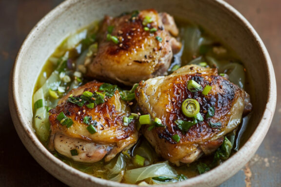 Braised Chicken Thighs and Cabbage with Scallion-Ginger Sauce in a bowl