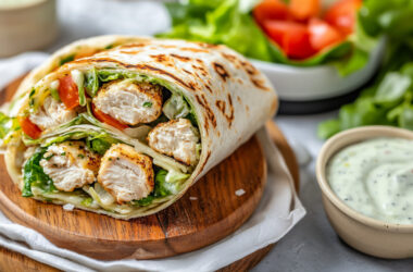 Chicken Caesar Wrap on a wooden plate