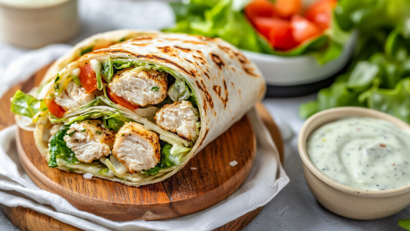 Chicken Caesar Wrap on a wooden plate