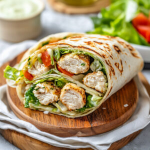 Chicken Caesar Wrap on a wooden plate