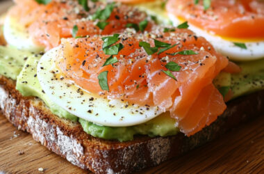 Cold Smoked Salmon Egg & Avocado Toast on a chopping board