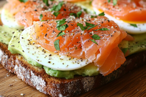 Cold Smoked Salmon Egg & Avocado Toast on a chopping board