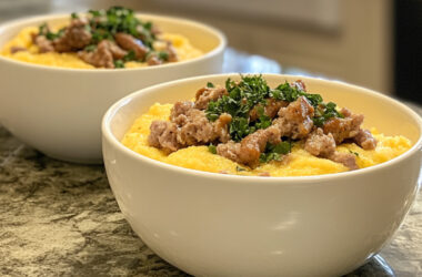 Three-Cheese Polenta with Pork Breakfast Sausage in a bowl