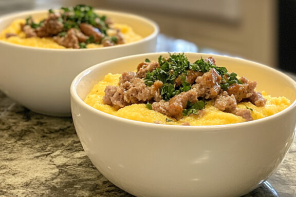 Three-Cheese Polenta with Pork Breakfast Sausage in a bowl