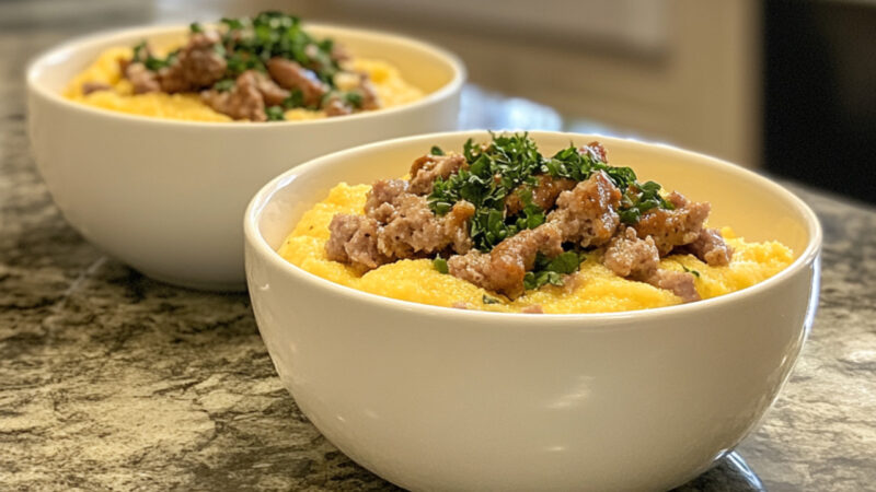 Three-Cheese Polenta with Pork Breakfast Sausage in a bowl