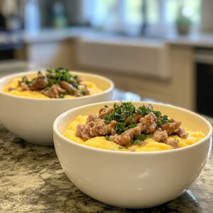 Three-Cheese Polenta with Pork Breakfast Sausage in a bowl