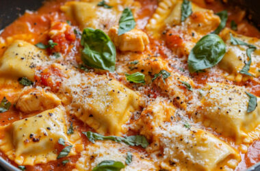 Chicken & Mozzarella Ravioli in a cooking pan