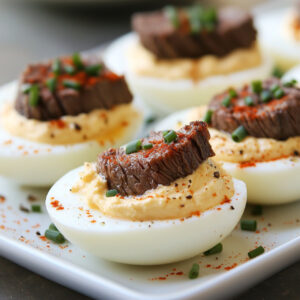 Deviled Steak and Eggs on a serving plate