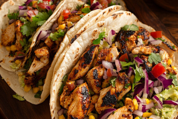 Grilled Jerk Chicken Tacos on a chopping board