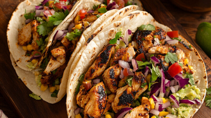 Grilled Jerk Chicken Tacos on a chopping board