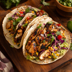 Grilled Jerk Chicken Tacos on a chopping board