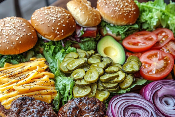 buns, patties, cheese. tomatoes, onions and pickles on a chopping board