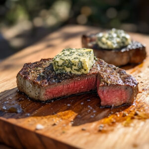 Grilled NY Strip Steak with Herbed Compound Butter on a chopping board