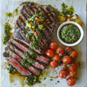 Grilled NY Strip Steak with Chimichurri on a plate