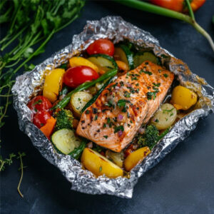 Grilled Salmon with fruits and veggies in a foil