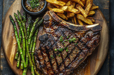 T-bone steak with fries and asparagus on a chopping board